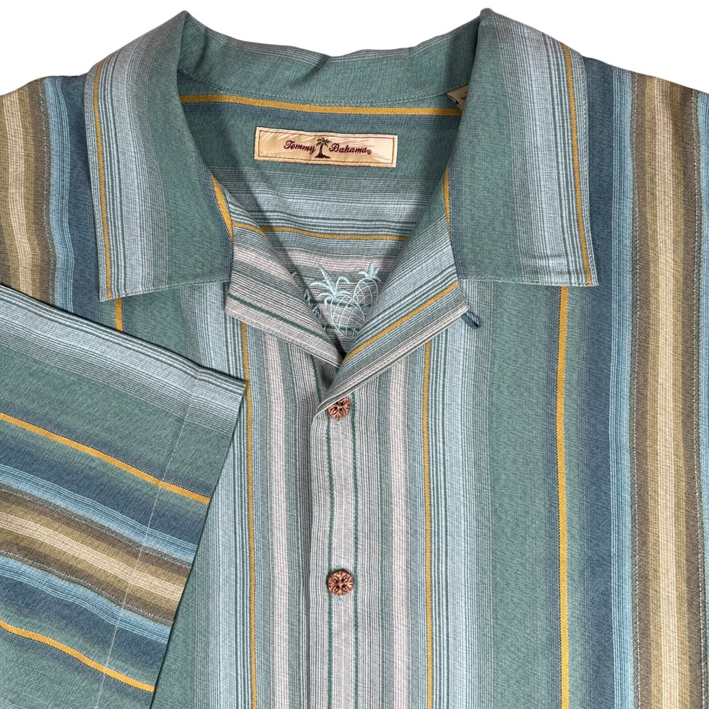 Tommy Bahama Mens XL Silk Camp Shirt Striped Blue Green Yellow Cuban‎ Vacation
